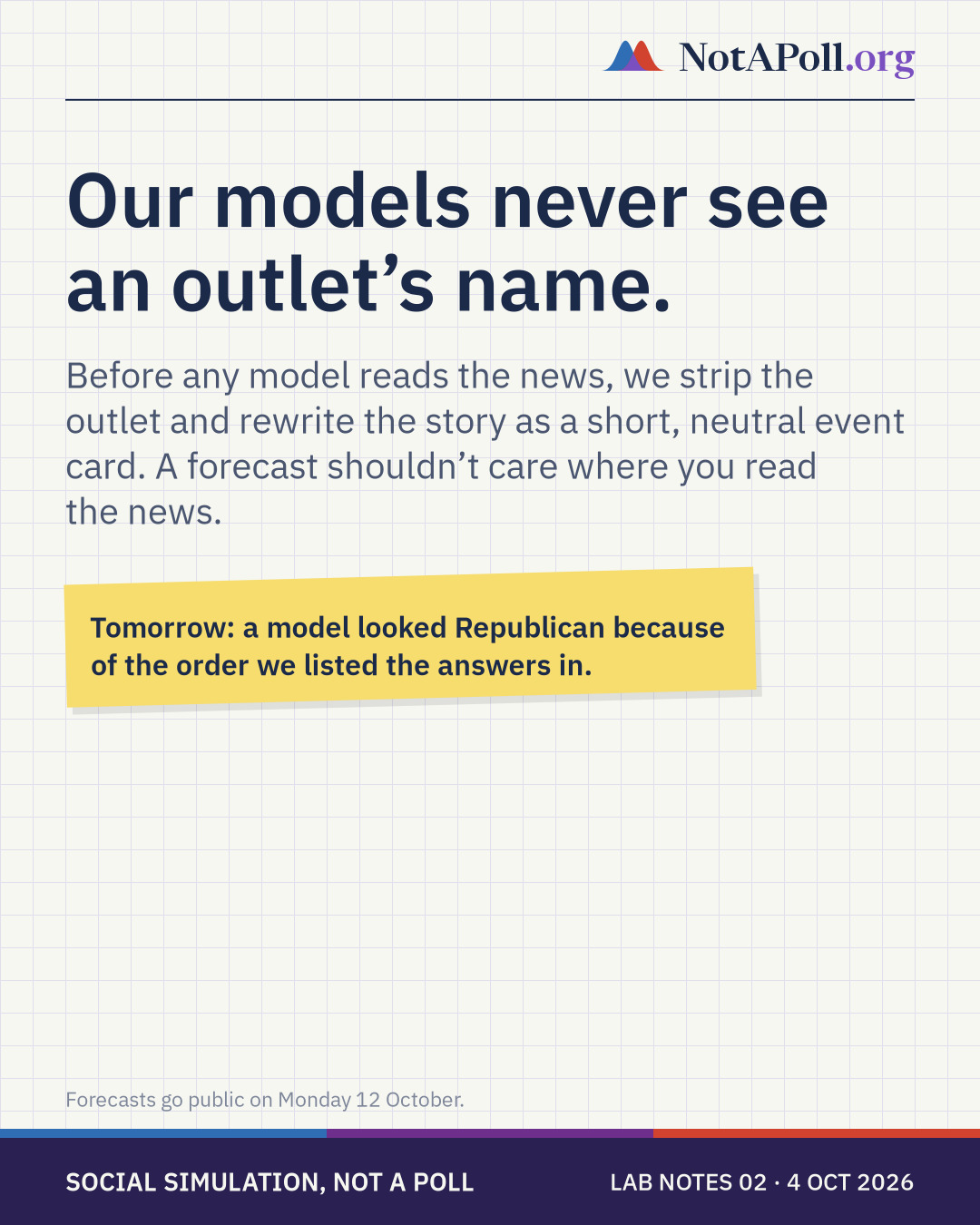 Our models never see an outlet's name: stories become short neutral event cards first.